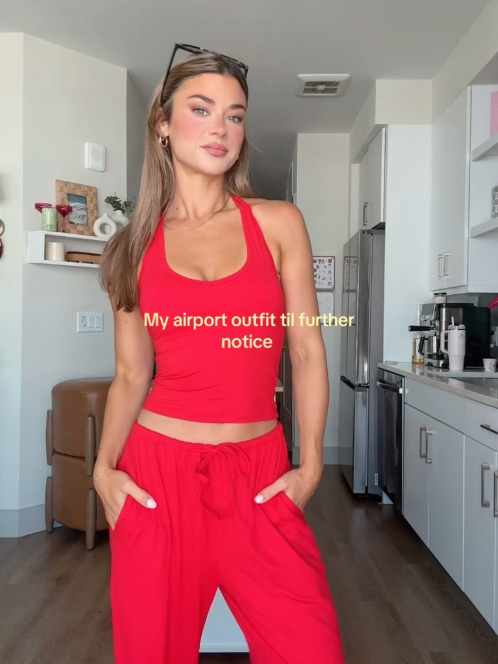Red Women's 2-Piece Athleisure Airport Outfit Casual Summer Ribbed Matching Set